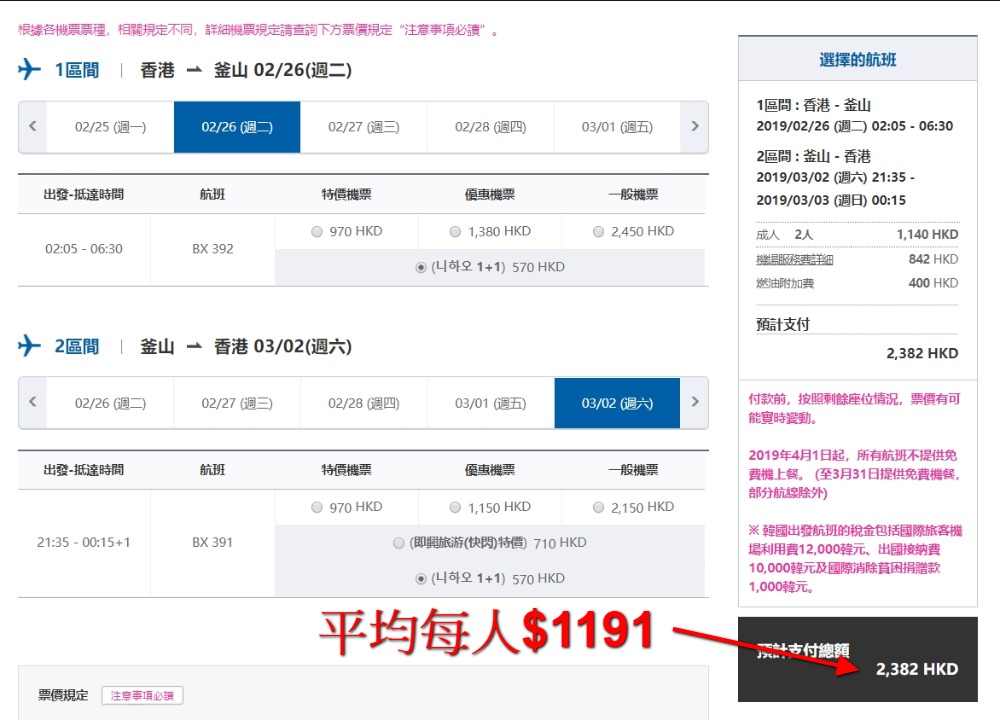 香港飛釜山 每人單程HK$ 285起(來回連稅HK$ 1,191) 香港飛釜山 每人單程HK$ 285起(來回連稅HK$ 1,191)