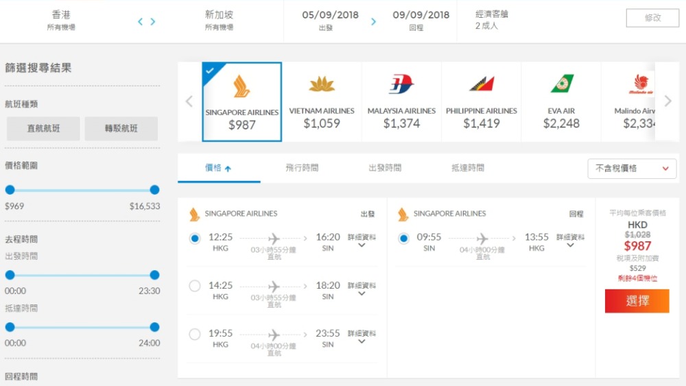 香港 直飛 新加坡 每人HK$987起(連稅HK$1,516)