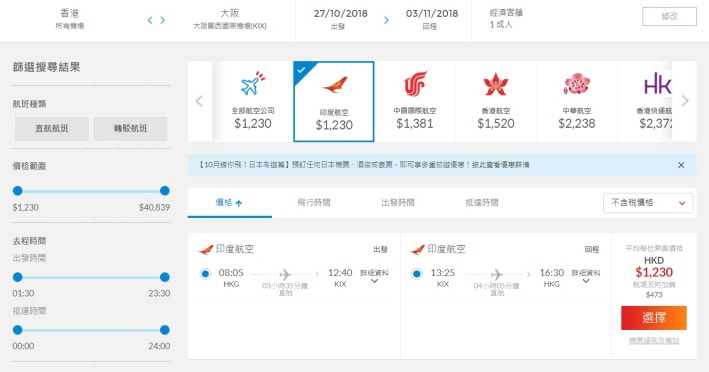 香港往返 大阪 HK$1,230起(連稅HK$1,703) - 印度航空
