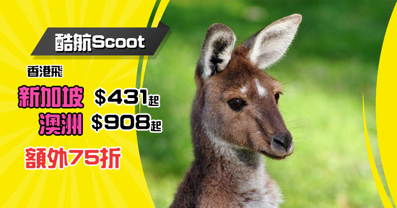額外75折！新加坡 單程$431、澳洲$908起，2020年3月前出發 - 酷航 Scoot